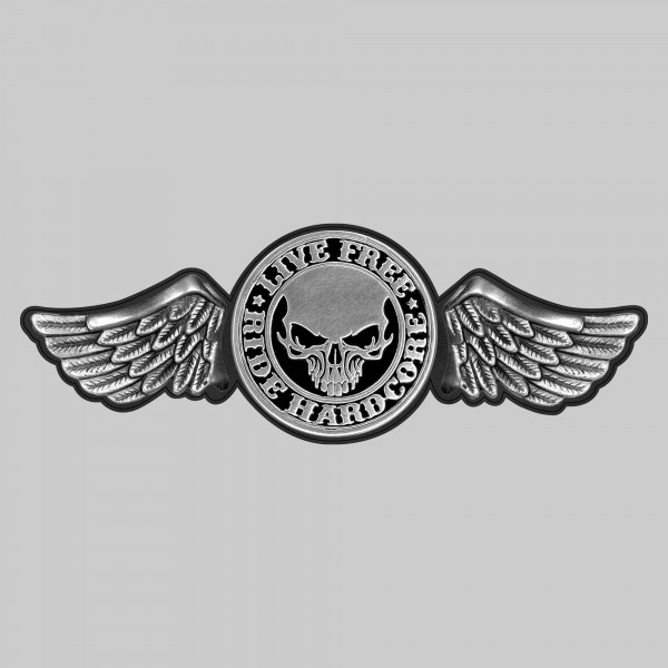 Live Free Ride Hardcore – large leather and pewter rivet-on wing - black leather backing