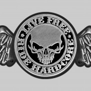 Live Free Ride Hardcore – grande aile à riveter cuir et étain - fond cuir noir