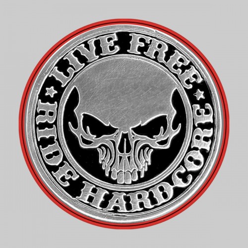 Live Free Ride Hardcore – on a red leather washer