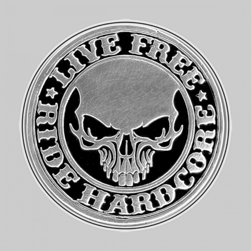 Live Free Ride Hardcore – on a white leather washer