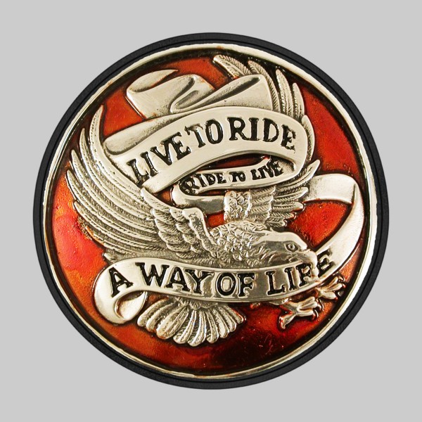 Live to Ride, orange – sur rondelle de cuir noire