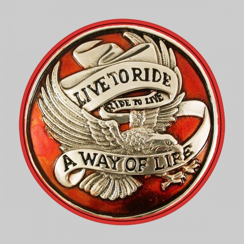 Live to Ride, orange – sur rondelle de cuir rouge