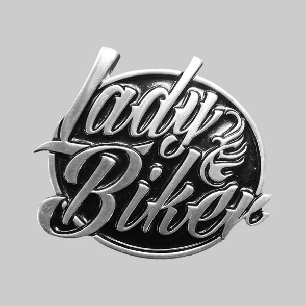 Lady Biker groß, schwarz – Nietmotiv aus Zinn, ohne Scheibe