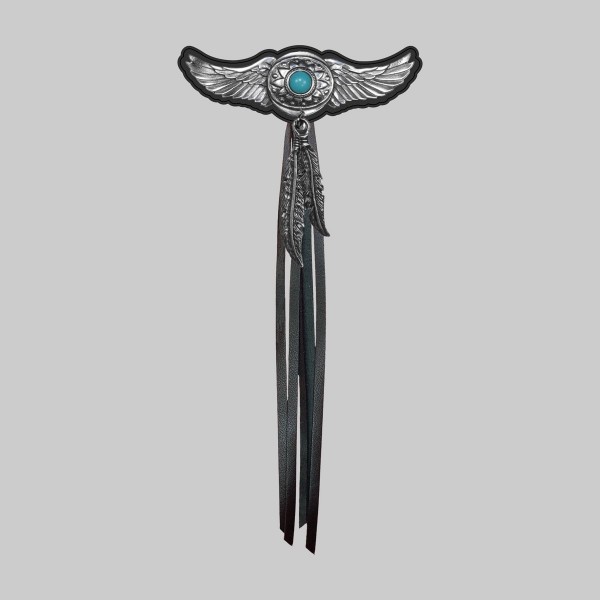 Aile turquoise, plumes et franges – rondelle noire, franges noires