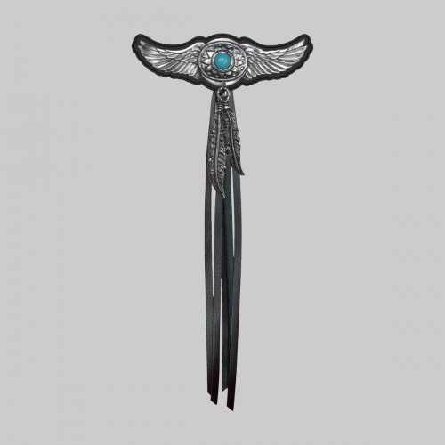 Aile turquoise, plumes et franges – rondelle noire, franges noires